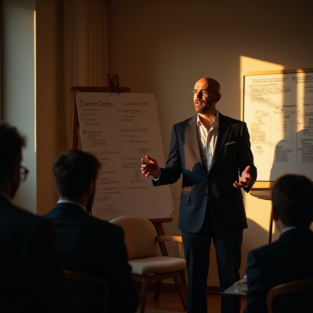 Facilitator prezentând tehnici de negociere unui grup mic