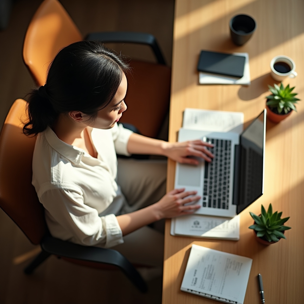 Freelancer care lucrează la laptop în spațiu de coworking